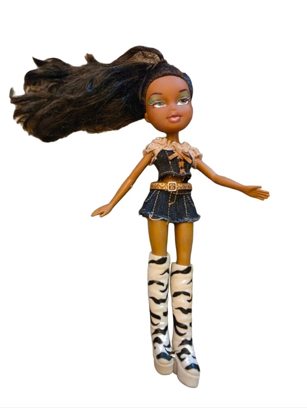 RARE Bratz 2001 Sasha 1st Edition Doll Denim Outfit Zebra Boots Small FLAW